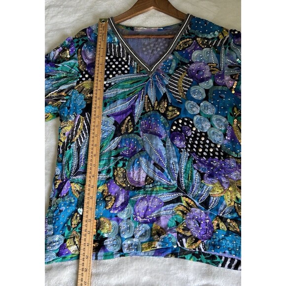 Vintage Shirt Large Floral Silk Beaded Art Wear Artsy Multi Print Sequins Pearl - Picture 4 of 9